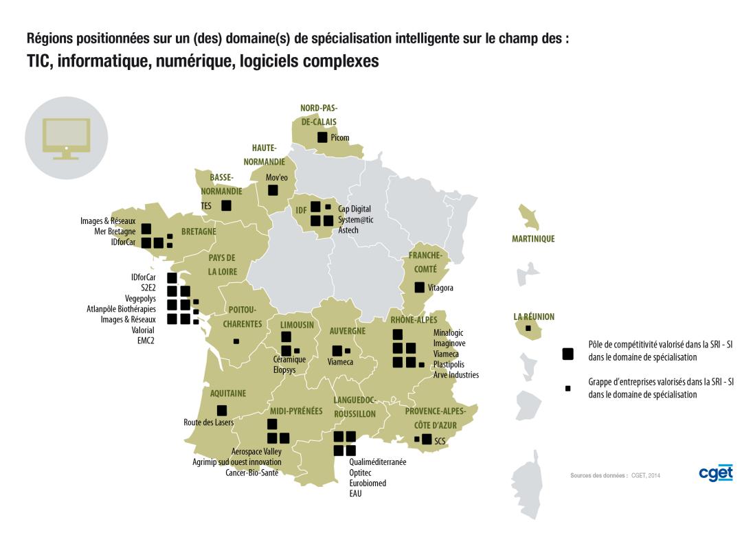 R&eacute;gions sp&eacute;cialis&eacute;es sur le champ de de l'informatique et du num&eacute;rique