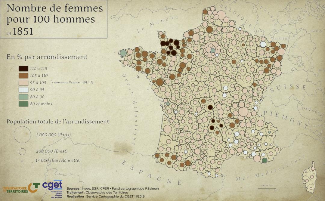 Nombre de femmes pour 100 hommes en 1851
