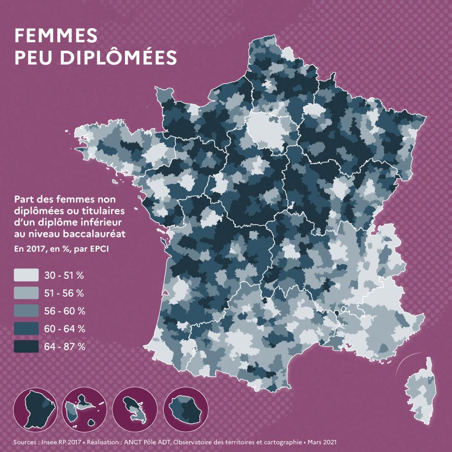 Part des femmes non dipl&ocirc;m&eacute;es ou titulaires d'un dipl&ocirc;me inf&eacute;rieur au niveau baccalaur&eacute;at
