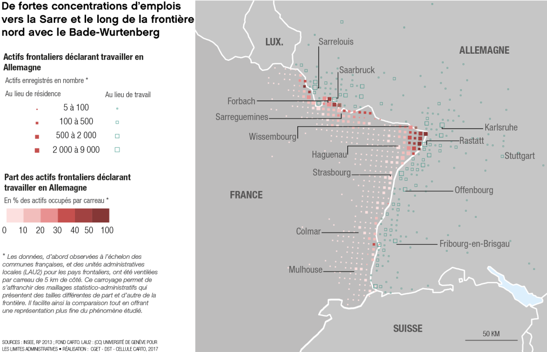 De fortes concentrations d'emplois vers la Sarre et le long de la fronti&egrave;re nord avec le Bade-Wurtenberg