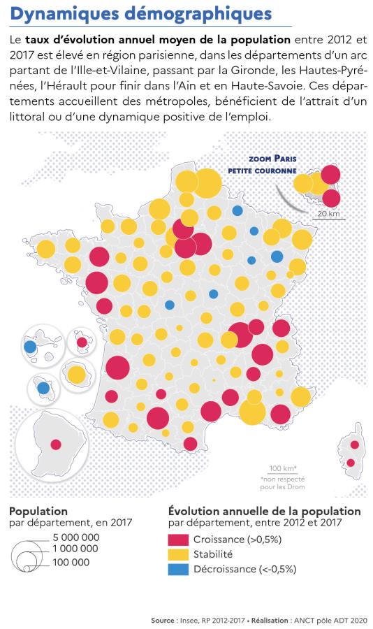 Population et taux annuel d'&eacute;volution de la population par d&eacute;partement en 2017