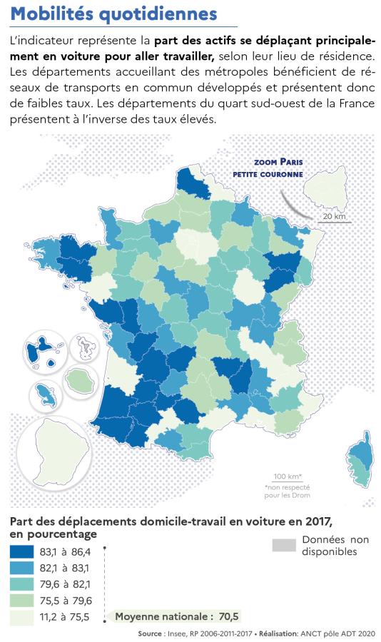 Part des d&eacute;placements domicile-travail en voiture par d&eacute;partement en 2017