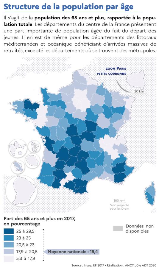 Part des personnes &acirc;g&eacute;es de 65 ans et plus par d&eacute;partement en 2017