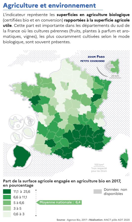 Part de la surface agricole engag&eacute;e en agriculture biologique par d&eacute;partement en 2017