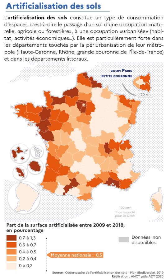 Part de la surface artificialis&eacute;e par d&eacute;partement entre 2009 et 2018