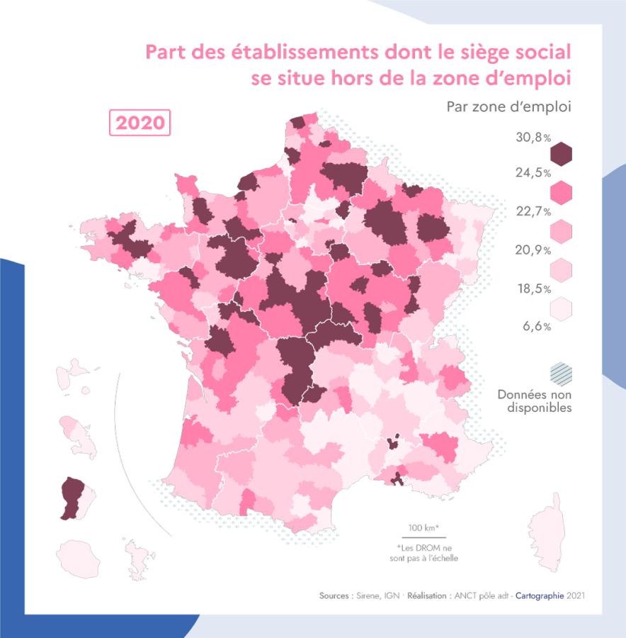 Part des &eacute;tablissements dont le si&egrave;ge social se situe hors de la zone d'emploi