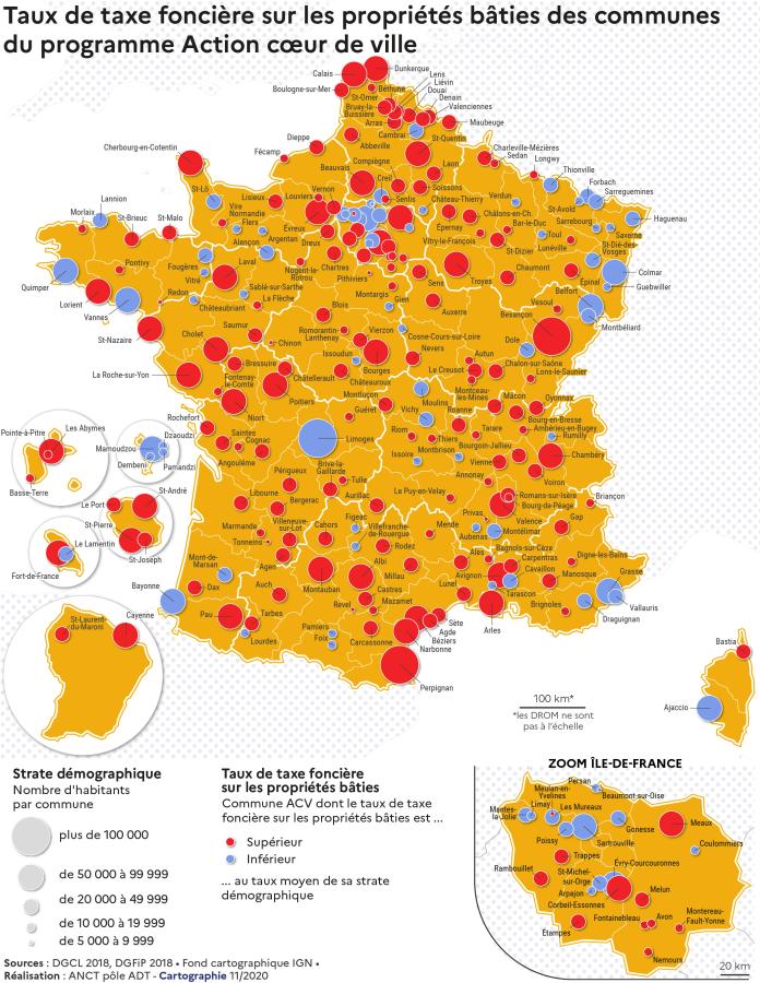 Taux de taxe fonci&egrave;re sur les propri&eacute;t&eacute;s b&acirc;ties des communes Action Coeur de Ville
