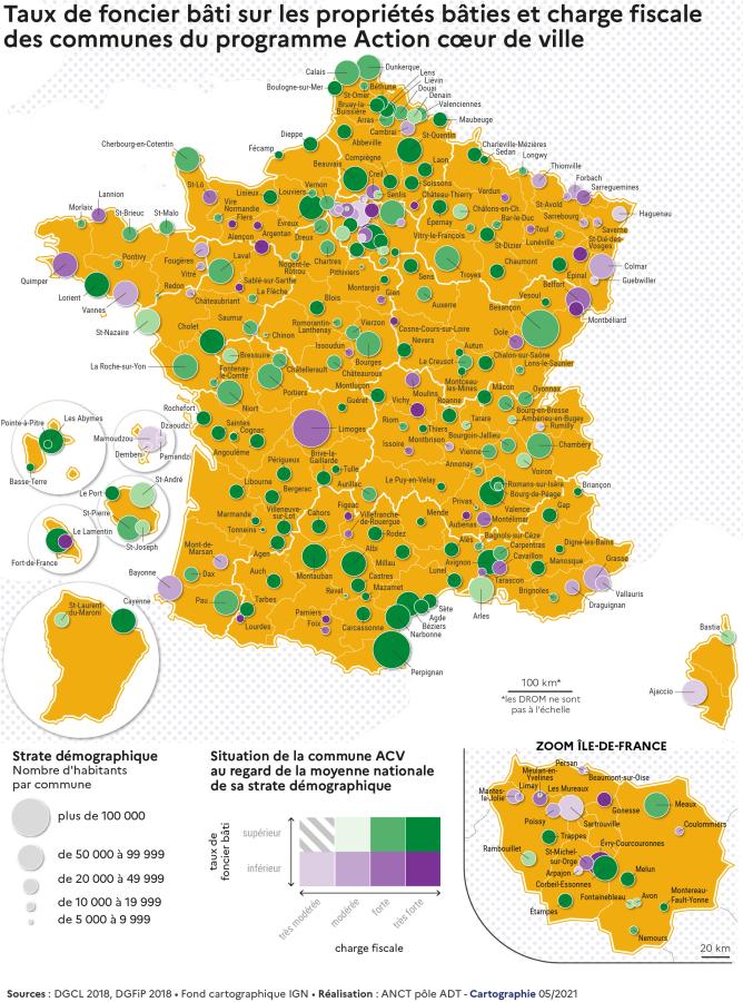 Taux de foncier b&acirc;ti sur les propri&eacute;t&eacute;s b&acirc;ties et charge fiscale des communes Action Coeur de Ville