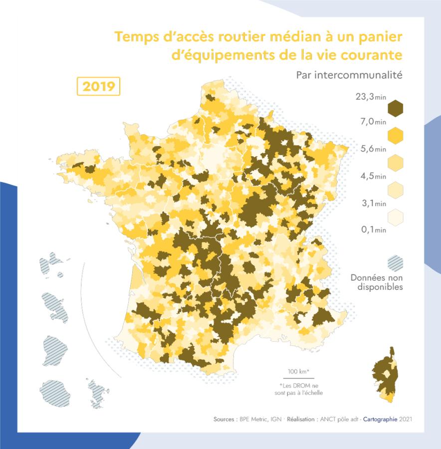 Temps d'acc&egrave;s routier m&eacute;dian &agrave; un panier d'&eacute;quipements de la vie courante