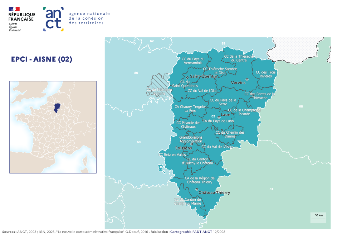 Carte d&eacute;partementale des EPCI en 2023 : Aisne