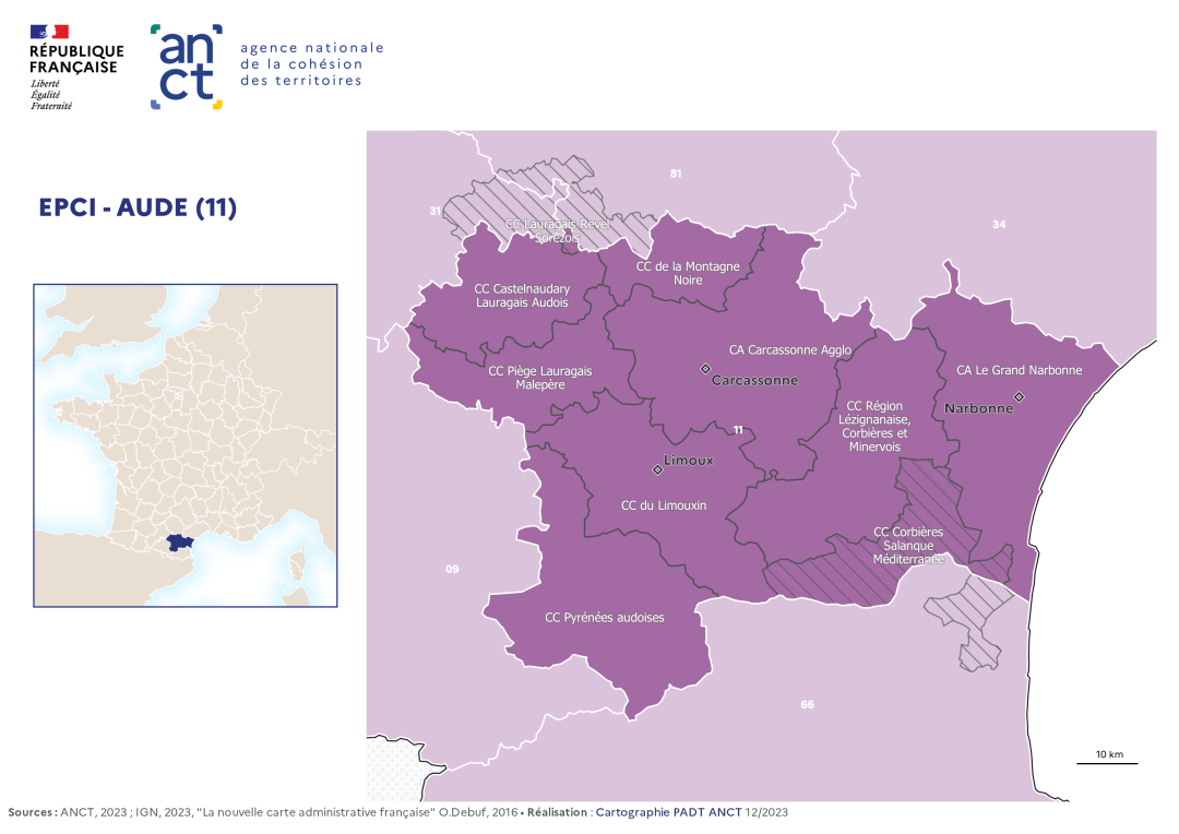 Carte d&eacute;partementale des EPCI en 2023 : Aude