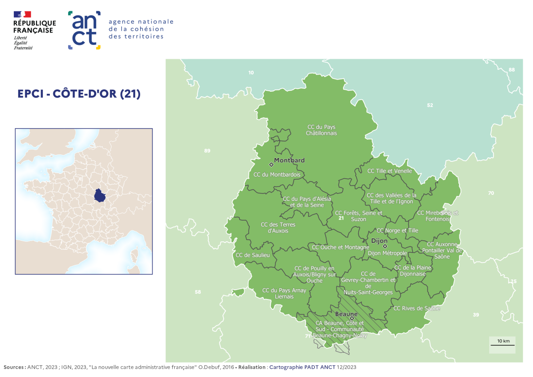 Carte d&eacute;partementale des EPCI en 2023 : C&ocirc;te-d'Or