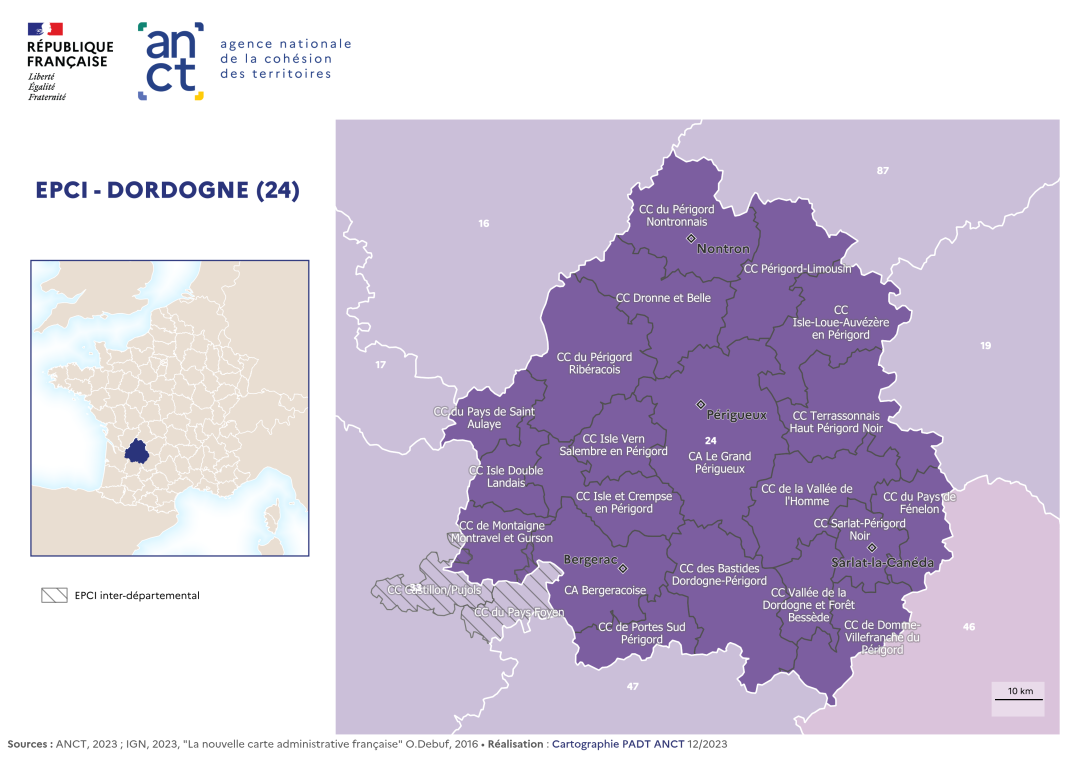 Carte d&eacute;partementale des EPCI en 2023 : Dordogne