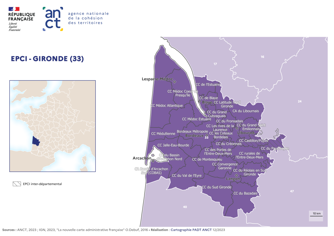 Carte d&eacute;partementale des EPCI en 2023 : Gironde