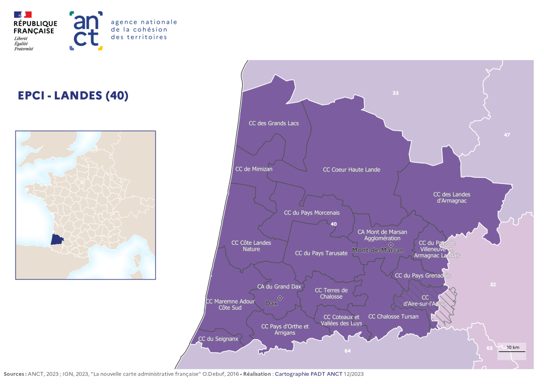 Carte d&eacute;partementale des EPCI en 2023 : Landes