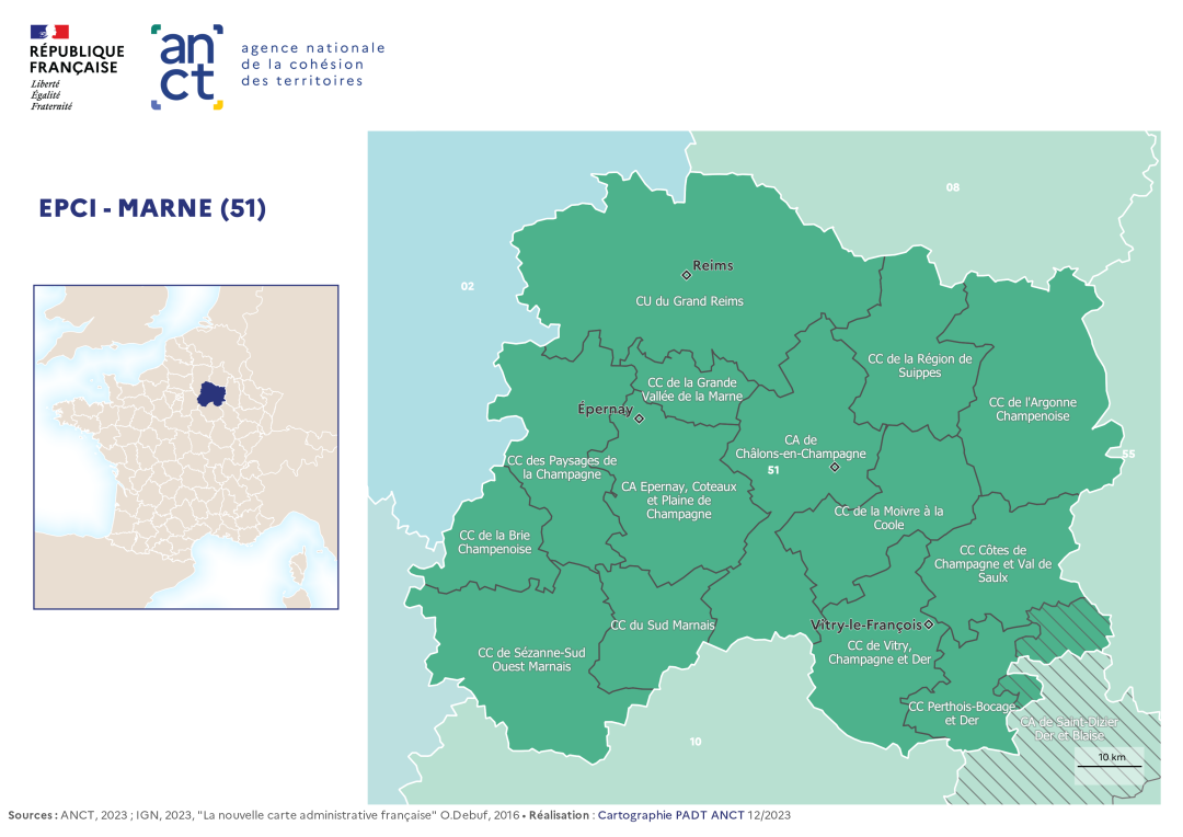 Carte d&eacute;partementale des EPCI en 2023 : Marne