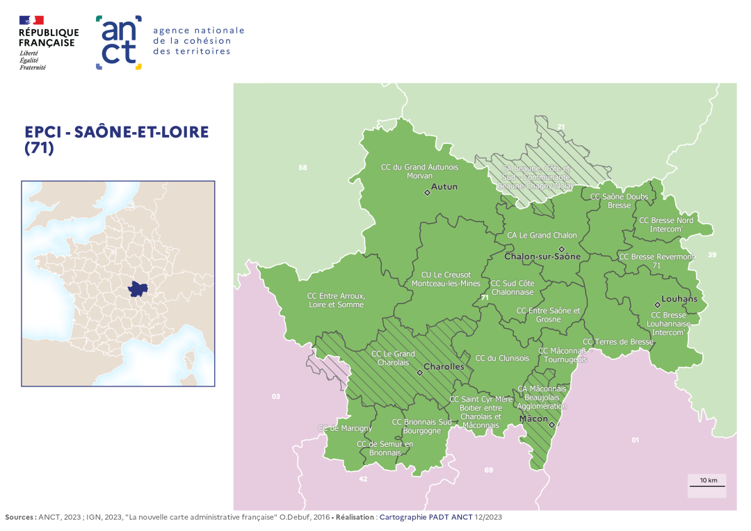 Carte d&eacute;partementale des EPCI en 2023 : Sa&ocirc;ne-et-Loire