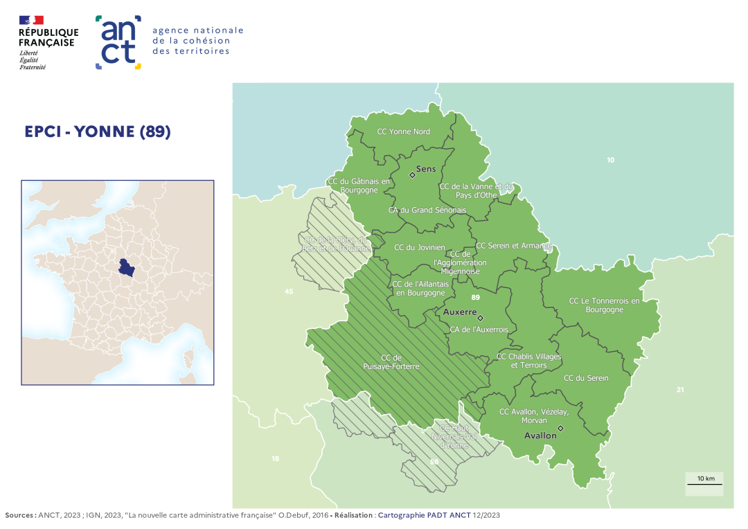 Carte d&eacute;partementale des EPCI en 2023 : Yonne