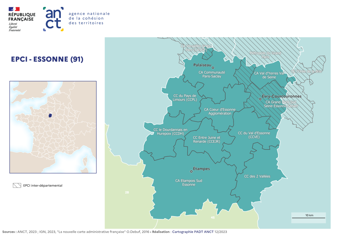 Carte d&eacute;partementale des EPCI en 2023 : Essonne