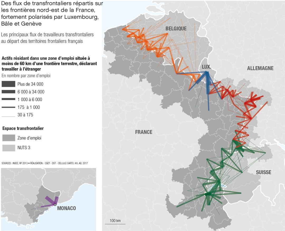 Les principaux flux de travailleurs transfrontaliers au d&eacute;part des territoires frontaliers fran&ccedil;ais