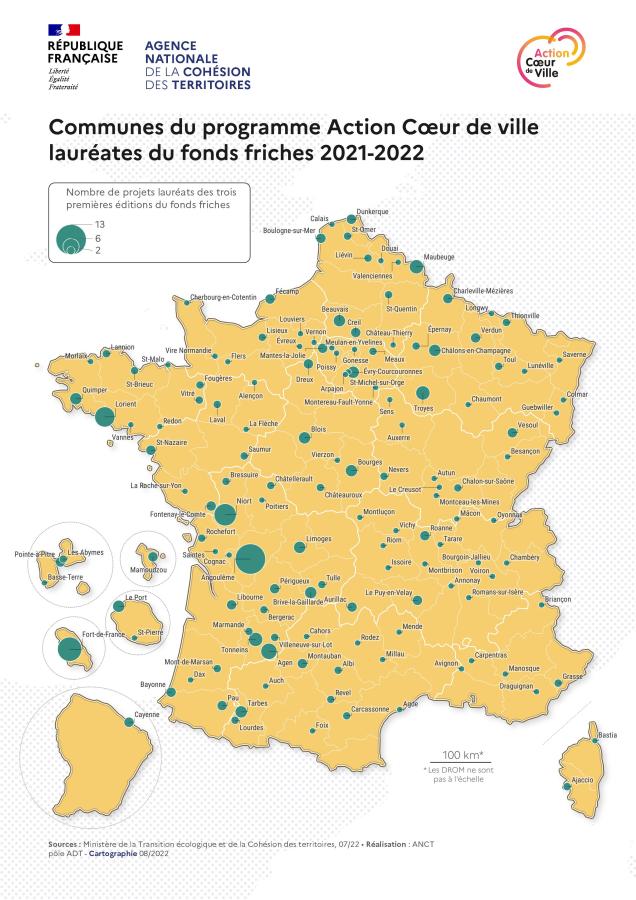 Communes du programme Action c&oelig;ur de ville laur&eacute;ates du fonds friches 2021-2022