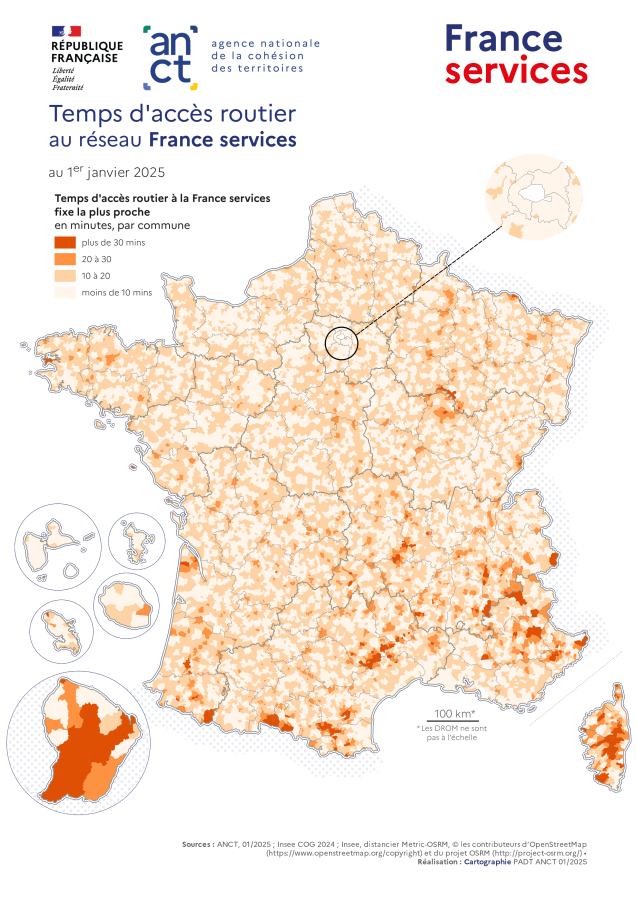 Temps d'acc&egrave;s routier au r&eacute;seau France services