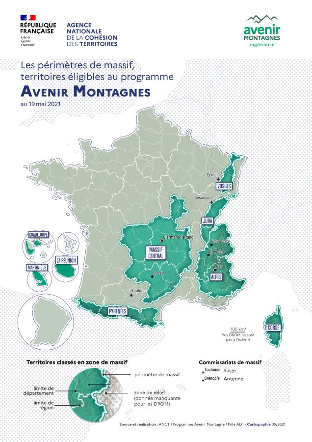 Les p&eacute;rim&egrave;tres de massif, territoires &eacute;ligibles au programme Avenir Montagnes - format A4