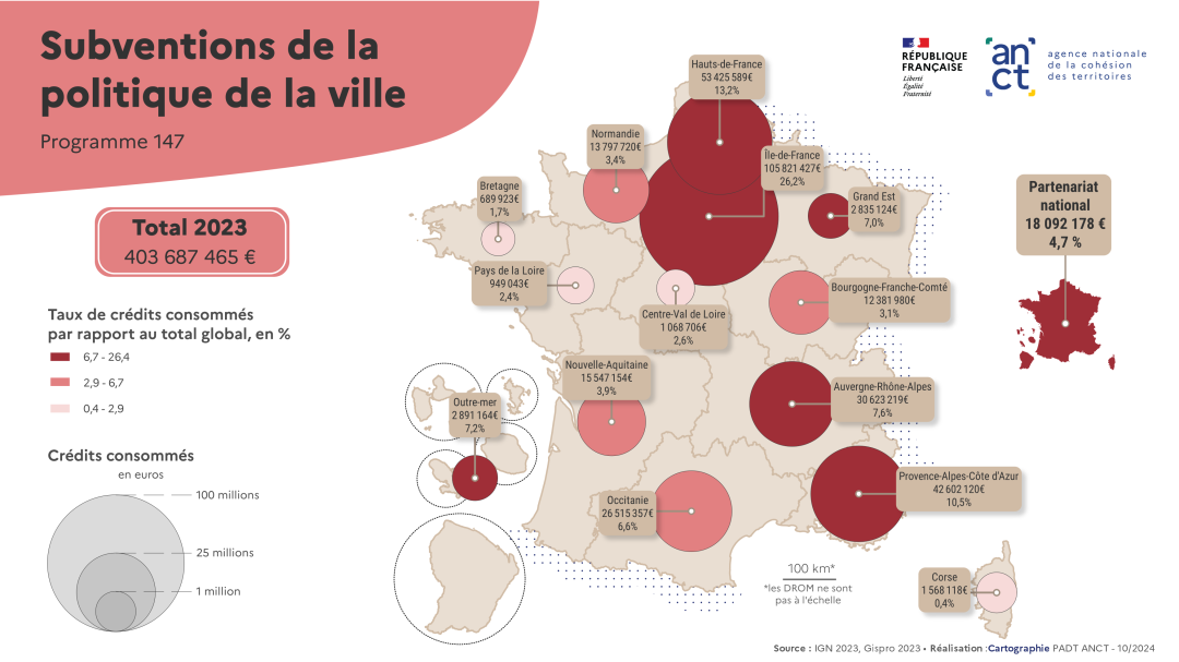 Cr&eacute;dits de la politique de la ville consomm&eacute;s en 2023 &mdash; Cliquer pour consulter la carte interactive