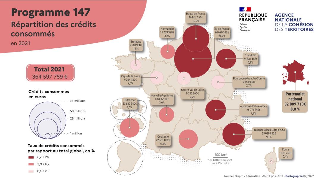 Cr&eacute;dits de la politique de la ville consomm&eacute;s en 2021 &mdash; Cliquer pour consulter la carte interactive