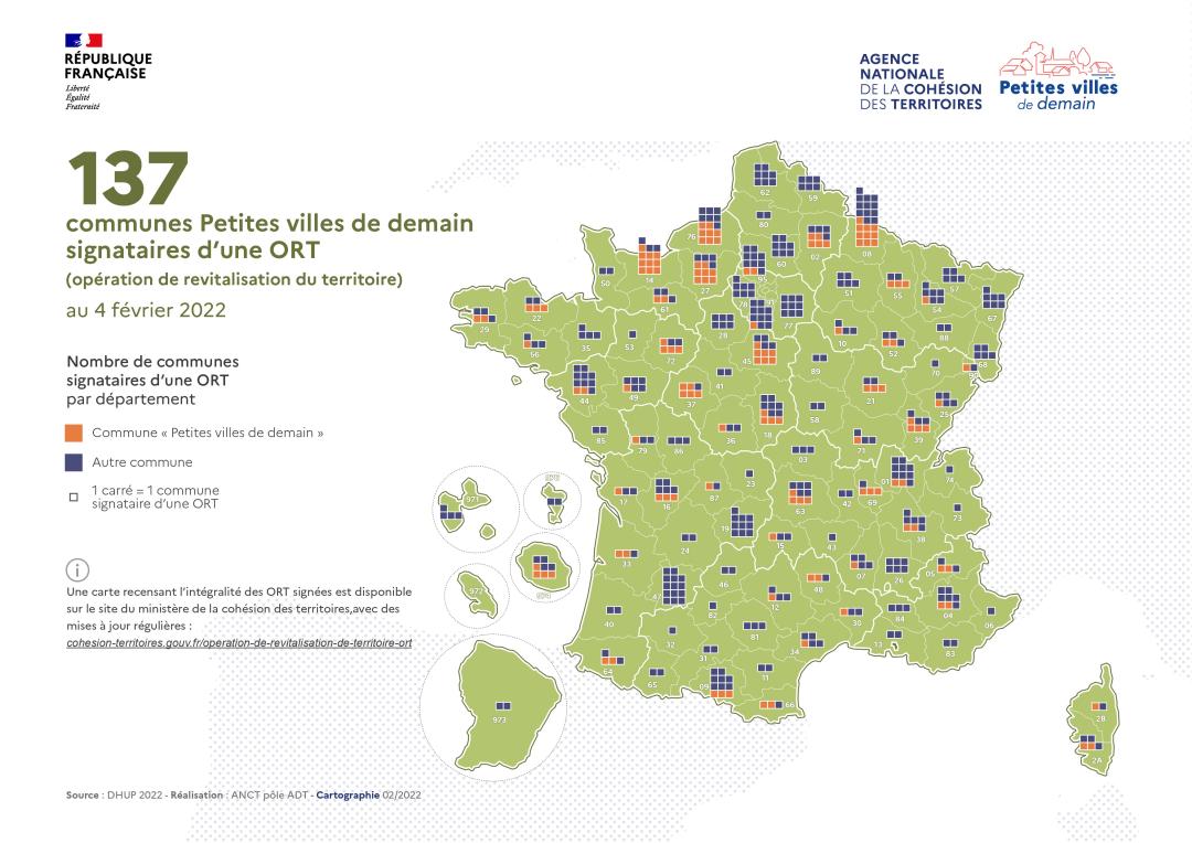 137 communes Petites villes de demain signataires d'une ORT (op&eacute;ration de revitalisation du territoire) au 4 f&eacute;vrier 2022