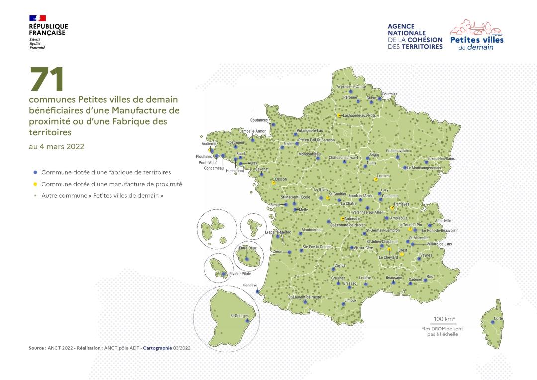 71 communes Petites villes de demain b&eacute;n&eacute;ficiaires d'une Manufacture de proximit&eacute; ou d'une Fabrique des territoires au 4 mars 2022