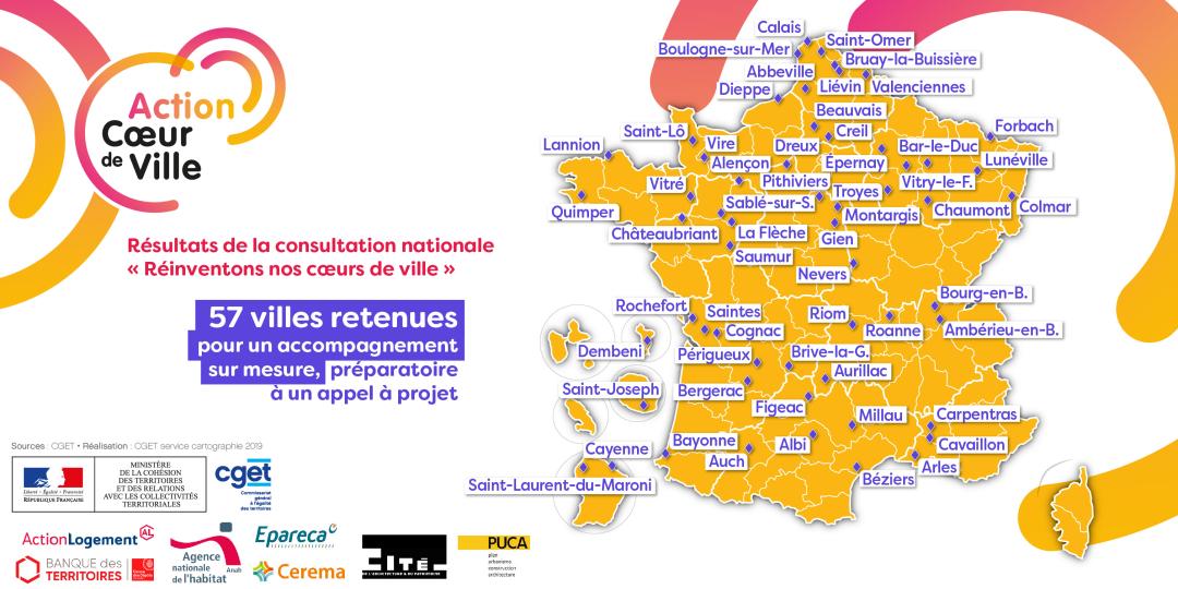 R&eacute;inventons nos c&oelig;urs de ville : carte des villes retenues