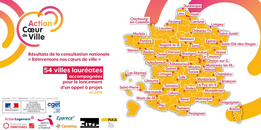 R&eacute;inventons nos c&oelig;urs de ville : carte des villes laur&eacute;ates
