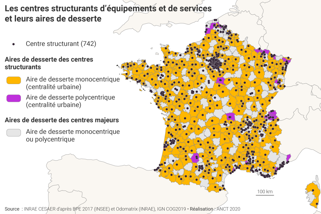 Les centres structurants d'&eacute;quipements et de services et leurs aires de desserte