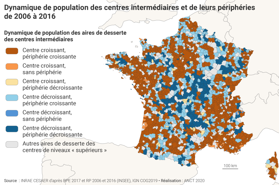 Dynamique de population des centres interm&eacute;diaires et de leurs p&eacute;riph&eacute;ries de 2006 &agrave; 2016