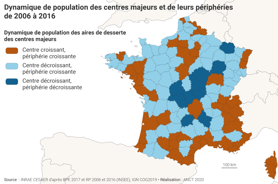 Dynamique de population des centres majeurs et de leurs p&eacute;riph&eacute;ries de 2006 &agrave; 2016
