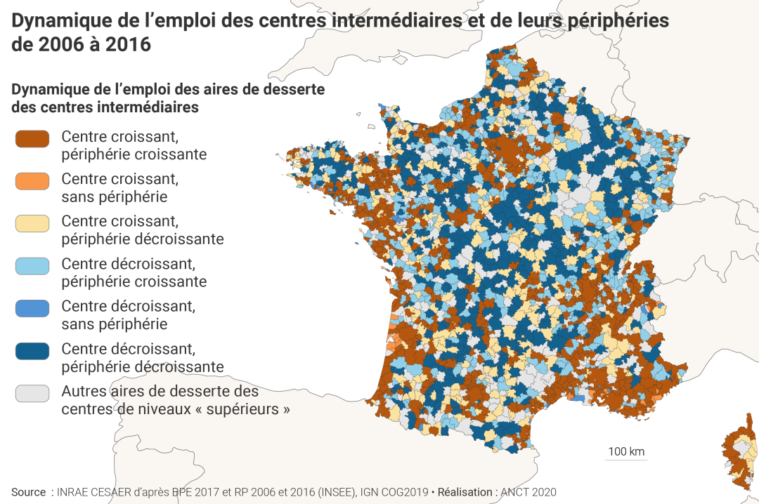 Dynamique de l'emploi des centres interm&eacute;diaires et de leurs p&eacute;riph&eacute;ries de 2006 &agrave; 2016