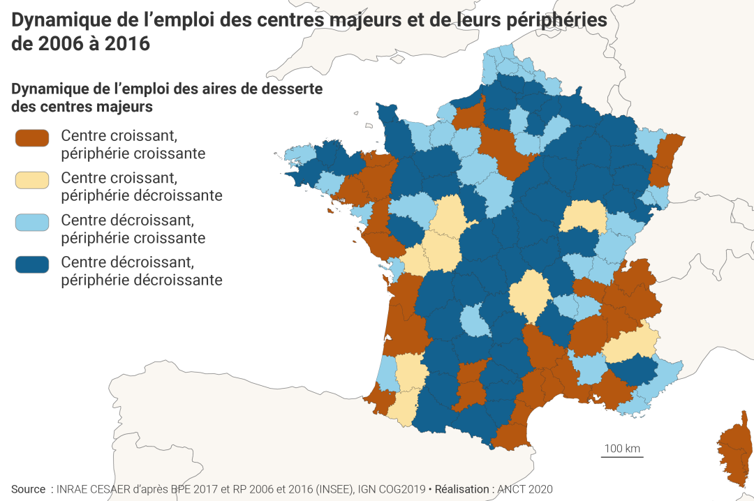 Dynamique de l'emploi des centres majeurs et de leurs p&eacute;riph&eacute;ries de 2006 &agrave; 2016