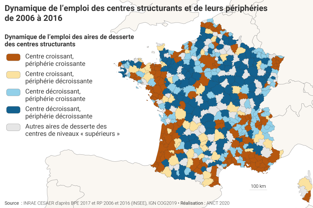 Dynamique de l'emploi des centres structurants et de leurs p&eacute;riph&eacute;ries de 2006 &agrave; 2016