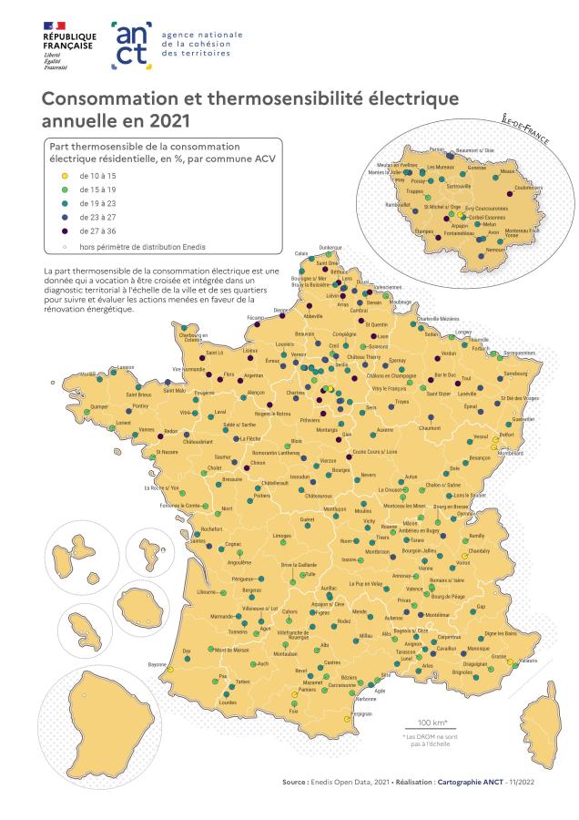 Consommation et thermosensibilit&eacute; &eacute;lectriques annuelles dans les villes Action Coeur de Ville