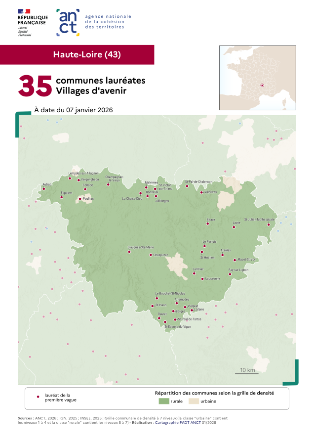 Communes laur&eacute;ates Villages d'avenir : Haute-Loire