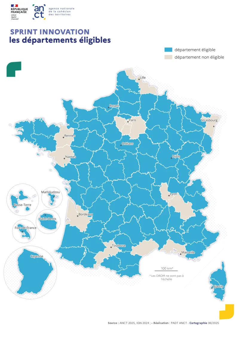 Carte des d&eacute;partements &eacute;ligibles au Sprint innovation