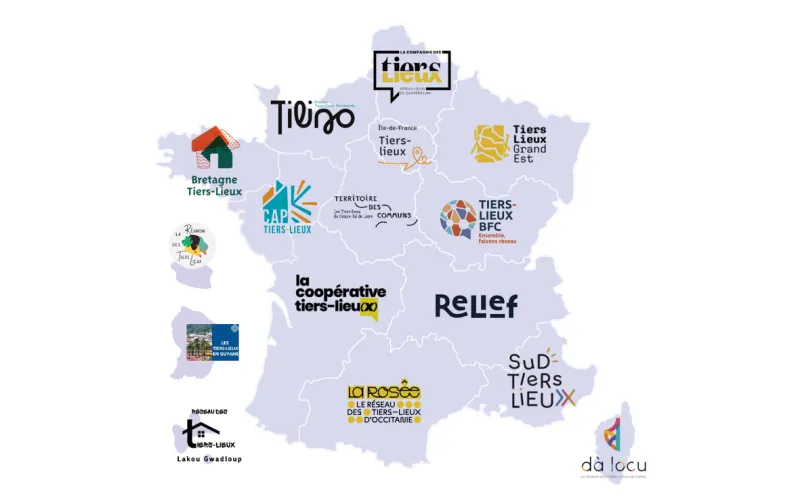 Carte pr&eacute;sentant la liste des r&eacute;seaux r&eacute;gionaux tiers-lieux